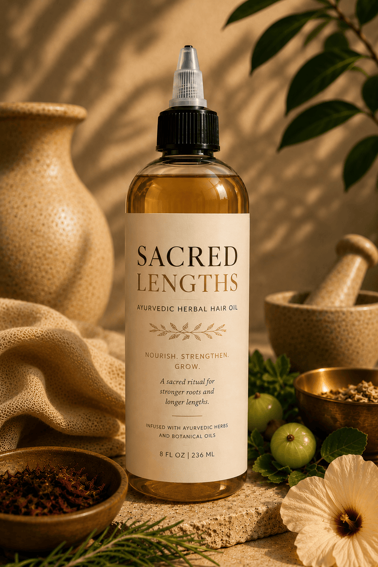Her•Yang Sacred Lengths Ayurvedic Hair Oil bottle with dropper, showcasing the natural herbal formula for hair nourishment.