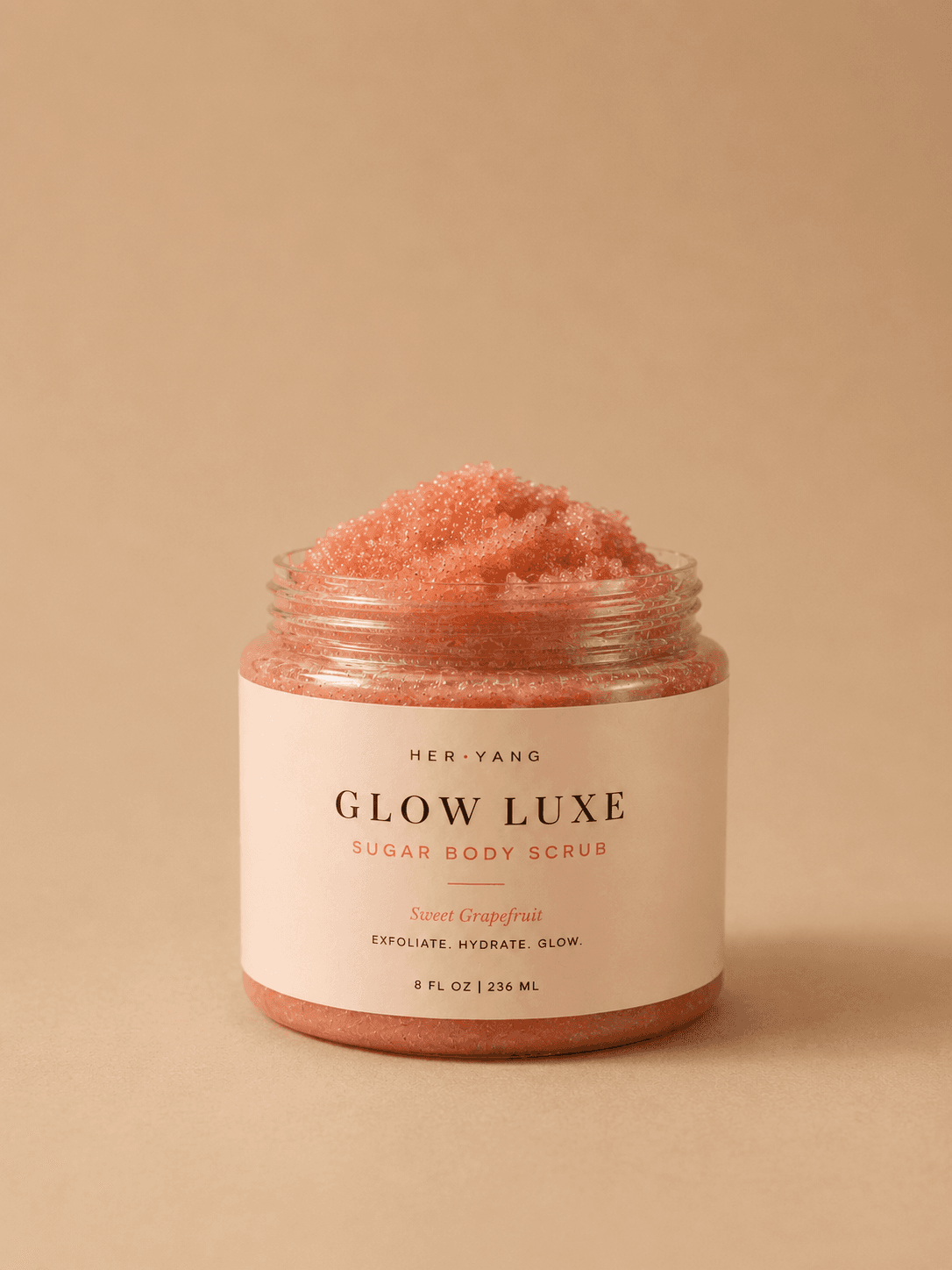 HerYang Glow Luxe Sugar Body Scrub in 8 oz jar, featuring exfoliating sugar and hydrating ingredients for smooth skin.