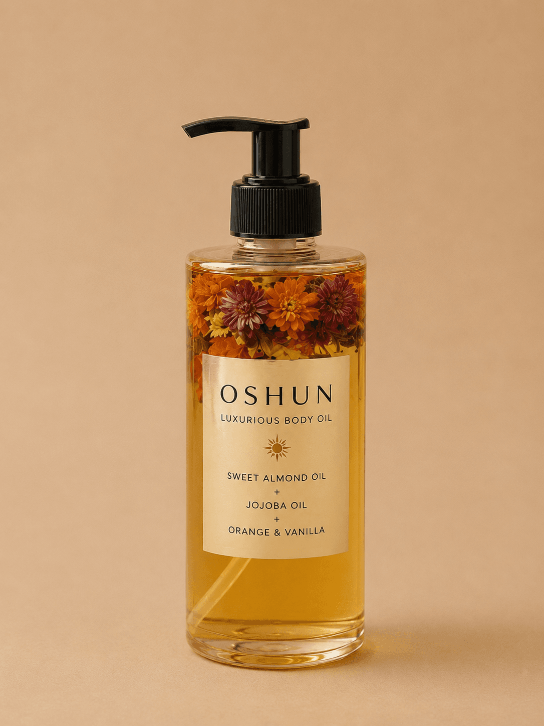 HerYang Oshun Honey Hydrating Body Oil with warm vanilla and citrus scent, shown in a clear glass bottle with a pump dispenser.