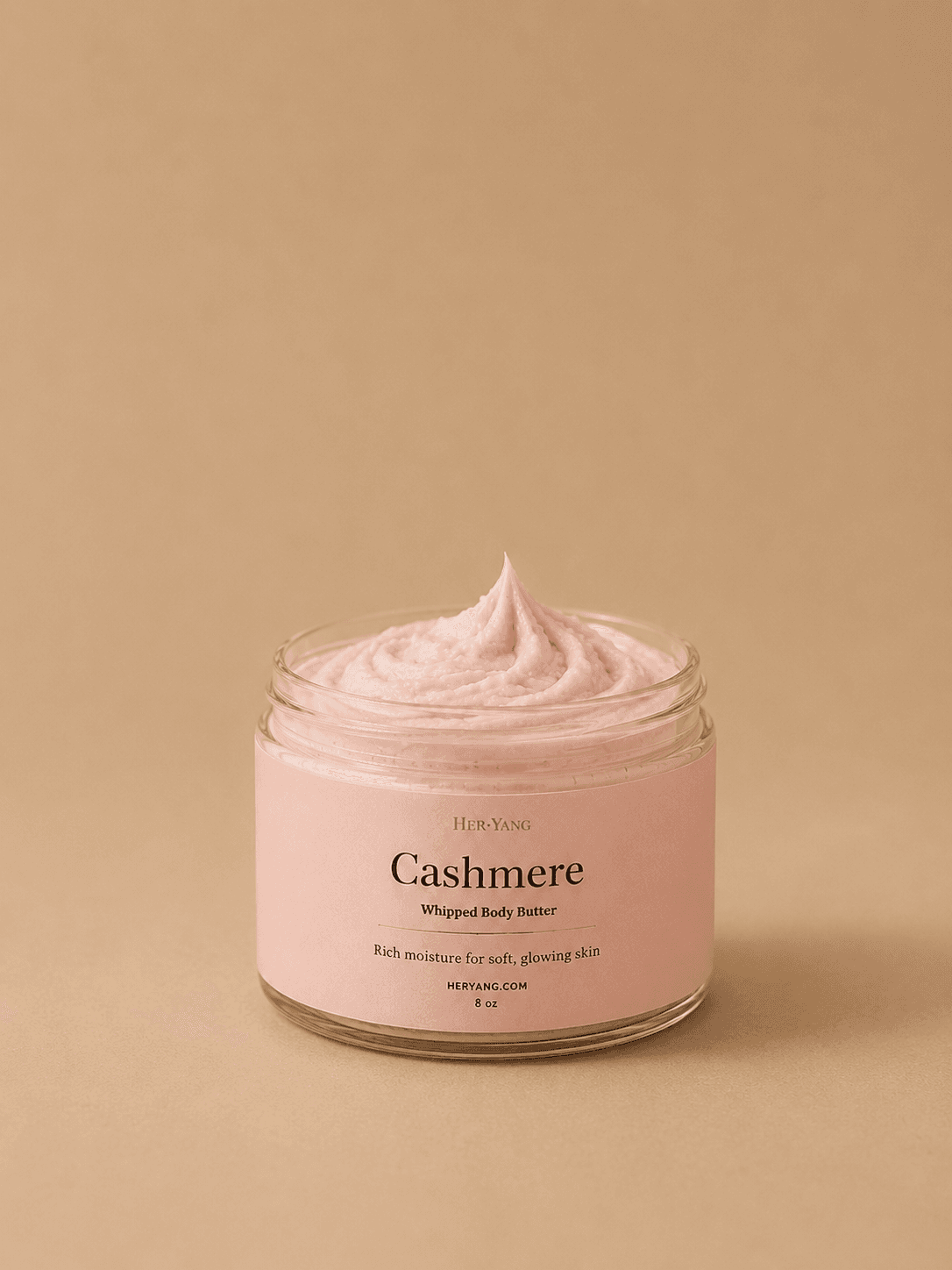 HerYang cashmere body butter jar with smooth, creamy texture and elegant packaging, ideal for nourishing skin.