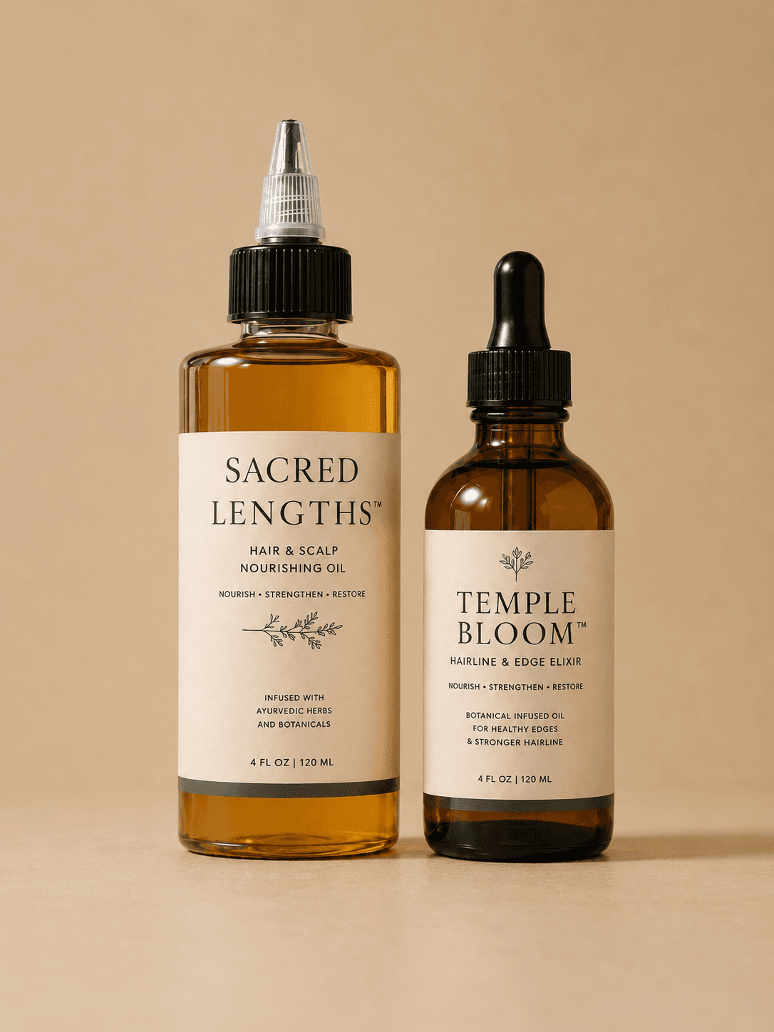 HerYang Retention Ritual Duo™ hair oil set showing two elegant bottles with natural ingredients and sleek packaging.