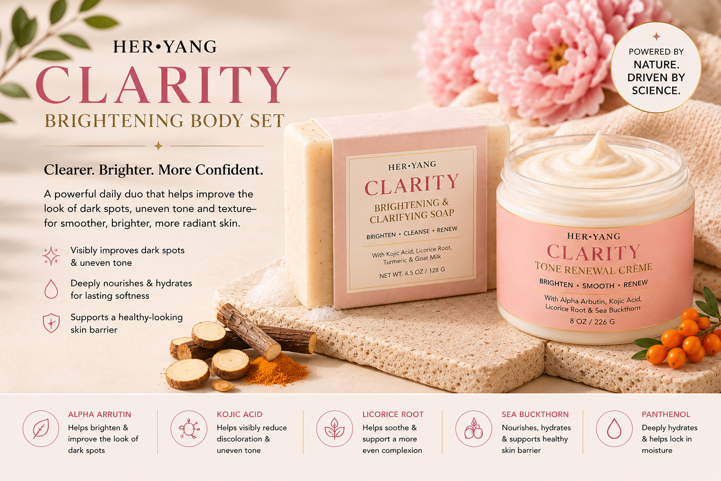 Her•Yang Clarity™ Skin Brightening & Clarifying System with bottles of skincare products and a bright, clean background.