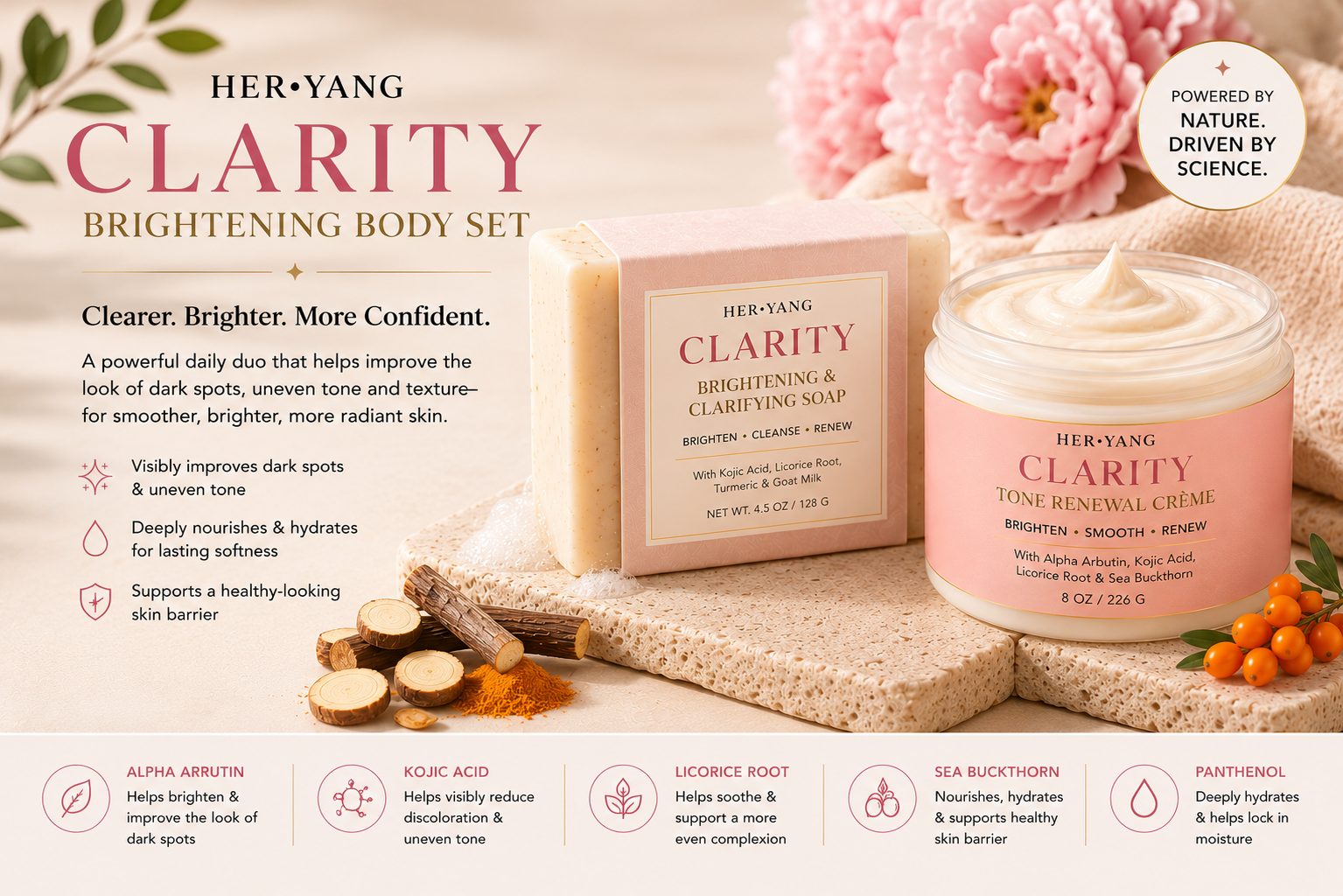 Her•Yang Clarity™ Skin Brightening & Clarifying System with bottles of skincare products and a bright, clean background.