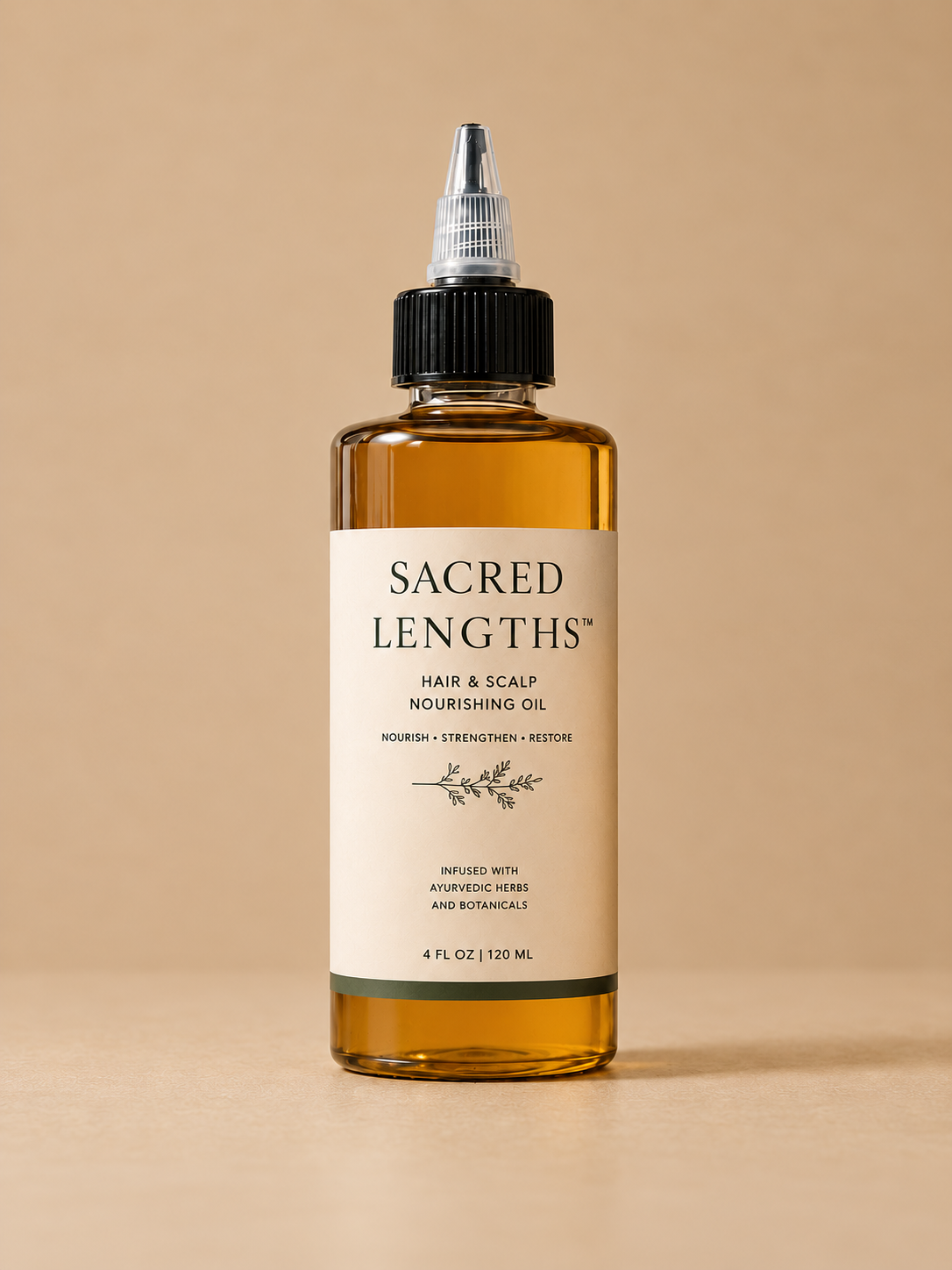 Sacred Lengths 4 oz hair and scalp nourishing oil in a clear bottle with a precision applicator cap.