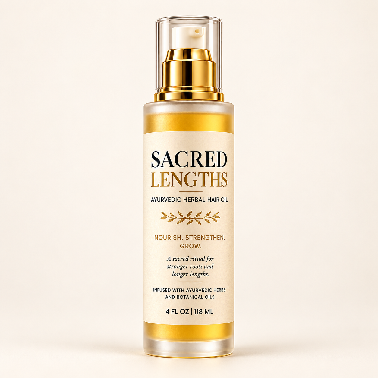 Sacred Lengths 4 fl oz hair oil in a frosted-glass bottle with a gold pump, clear cap, and cream botanical label.